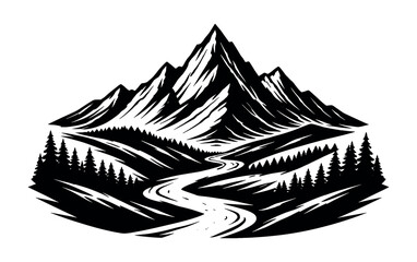 Fototapeta premium Stylized mountain range with a winding river and pine forest landscape