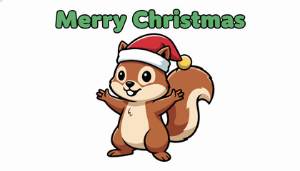 Fototapeta premium Cute cartoon squirrel wearing a Santa hat for Merry Christmas celebration.