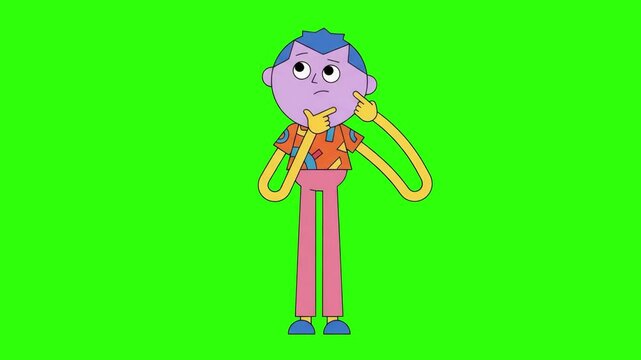 A quirky stylized 2D cartoon character with purple skin, blue hair, and long flexible arms touching its head in a thoughtful, puzzled pose, isolated on a green screen background. Perfect for problem-s