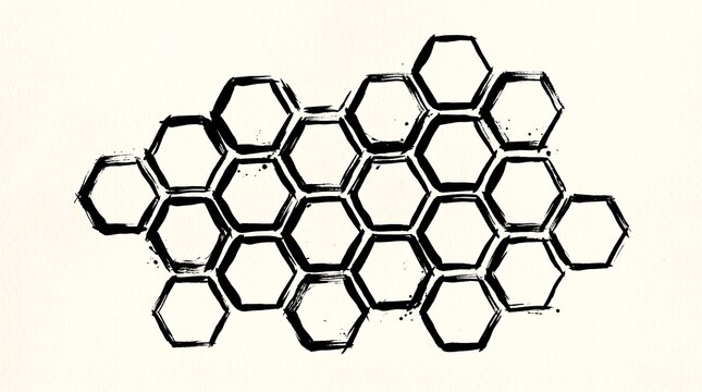 Vintage honeycomb illustration, hand-drawn black ink bee hive pattern, rustic hexagonal grid sketch on aged paper background