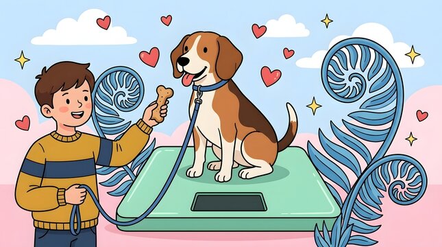 Little Boy Giving Bone Treat To Cute Beagle Dog Standing On Veterinary Weight Scale Illustration