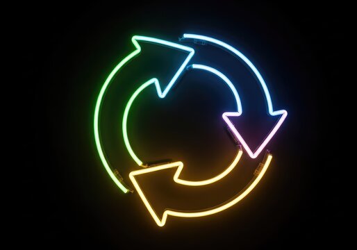 Glowing neon arrows in a circular loop illuminate a dark background, representing concepts of recycling, refreshing, and continuous motion, abstract, graphic, green