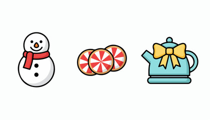 Naklejka premium Set of cute cartoon Christmas icons featuring a snowman candies and a teapot.