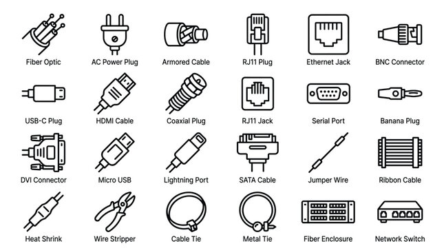 Computer network and cable connector icons with fiber optic ac power plug armored cable rj11 plug ethernet jack bnc connector usb-c hdmi coaxial.