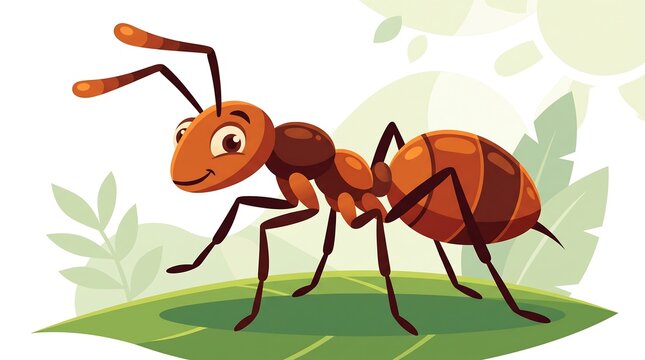 Friendly cartoon ant character on green leaf, cute brown insect illustration, cheerful garden ant mascot for children education