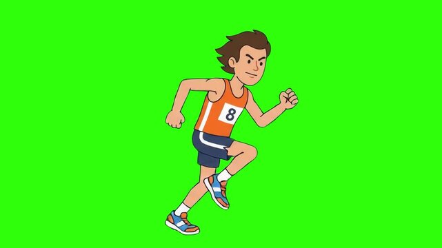 A 2D cartoon male athlete wearing a numbered bib running singlet and shorts sprinting fast with a determined expression, isolated against a chroma key green screen background. Perfect for sports compe