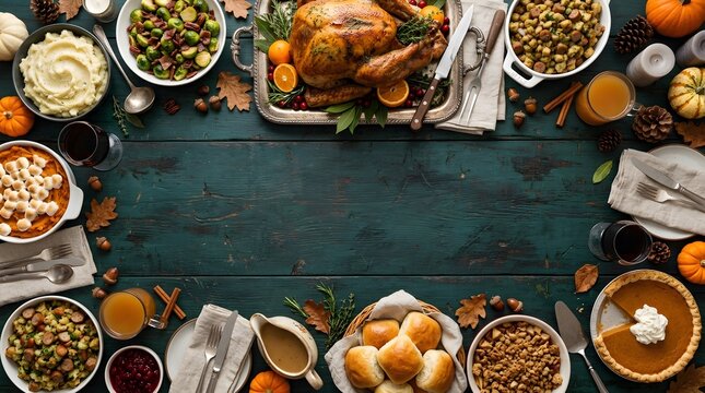 A bountiful and heartwarming thanksgiving feast showcasing traditional dishes and autumnal decorations creating a memorable and cherished celebration with loved ones gathered together