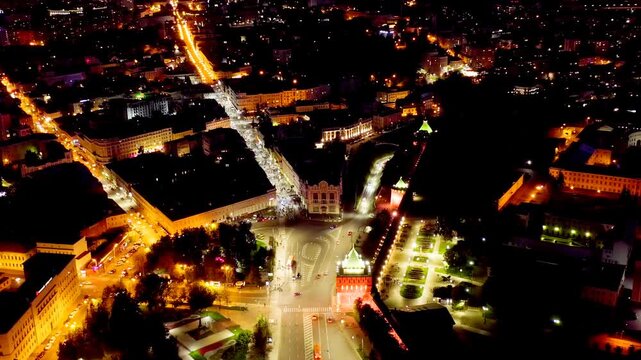 Nizhny Novgorod, Russia. Drone footage of the Kremlin walls of Nizhny Novgorod. Minin and Pozharsky Square. Night time. Drone footage, Point of interest