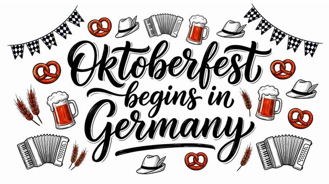 Oktoberfest begins in Germany lettering banner with hand drawn beer mugs pretzels and traditional bavarian doodles
