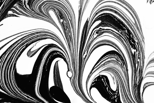 Vertical black and white ebru marble design featuring elegant flowing arches and dynamic liquid curves.
