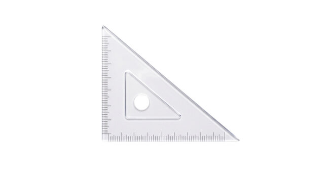 Transparent plastic triangle ruler for technical drawing, clear set square for geometry and school, professional drafting tool isolated PNG with Transparent Background