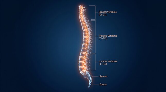 Anatomical human spine diagram with glowing vertebrae, medical spinal column illustration, cervical thoracic and lumbar sections