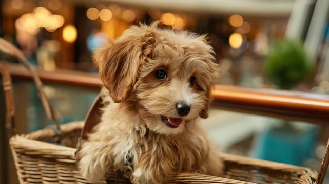 Happy pup in cart basket, classy mall atrium blur, warm hue ambience, refined grooming, crisp detail center