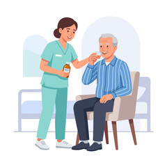 Fototapeta premium Caring Nurse Administering Medicine to Elderly Man in Cozy Room - Vector Illustration