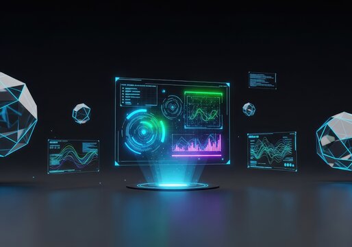A futuristic digital landscape featuring glowing neon interfaces, floating holographic data charts, and geometric shapes in a dark space, system, reality, light