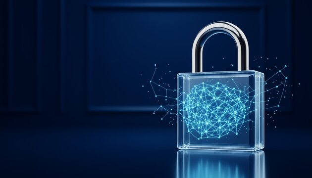 3D glass padlock with glowing network data network for cyber security concept on dark blue background