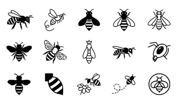 Modern bee insect icon set combining black silhouettes and outline symbols for pollination ecology agriculture nature and wildlife design