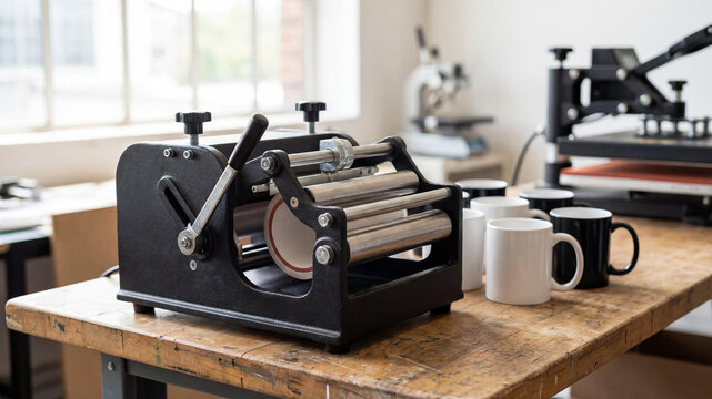 Ceramic mug press machine on a wooden table in small workshop with blank mugs, for sublimation printing, tools for crafting and small business work.