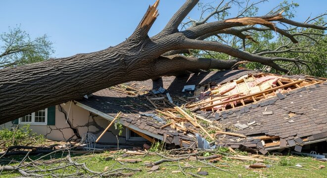 A massive fallen tree lies across the roof of a residential house after a severe storm, showing significant structural damage and debris, tree, impact, emergency