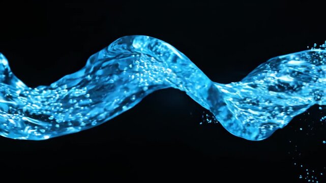 Blue liquid stream twisting in macro motion on black background