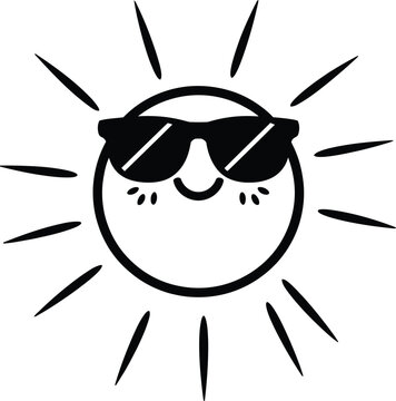 Cute cartoon sun wearing sunglasses vector illustration for summer-themed designs and children&rsquo;s products.