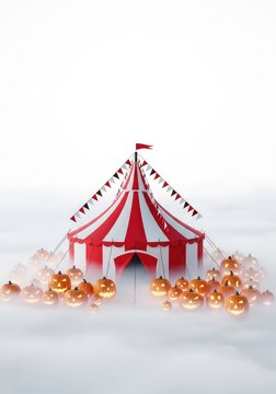 A red and white striped circus tent stands in thick fog, surrounded by glowing orange pumpkins creating a spooky and festive holiday mood, atmospheric, festive, pumpkins