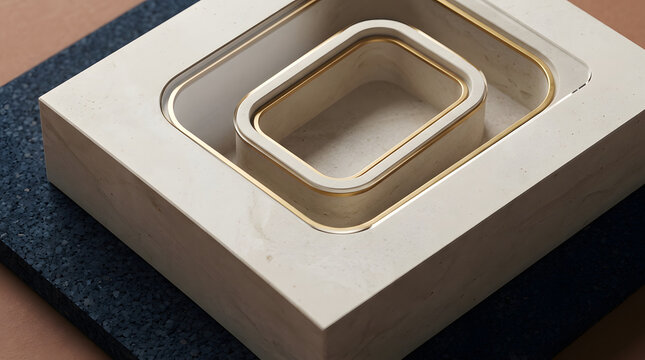 Rectangular nested marble frames with gold metallic trim set on a dark textured base, creating a minimalist geometric composition with soft shadows