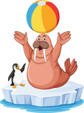Cute cartoon walrus and penguin playing with colorful beach ball on ice floe for arctic themed children illustrations.