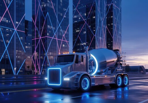 A sleek futuristic cement mixer truck drives down a modern city street with glass skyscrapers and neon lighting during the blue hour, modern, transport, autonomous