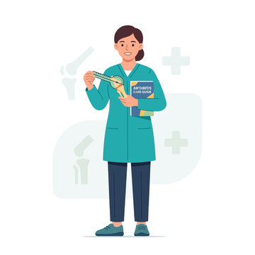 Doctor demonstrating joint angle measurement with goniometer and arthritis care guide book, medical illustration.