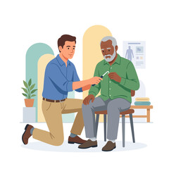 Obraz premium Doctor examines elderly patient's knee with reflex hammer in clinic, illustrating healthcare and medical care concepts.