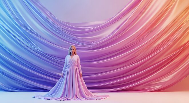 Abstract backdrop of weightless translucent textiles featuring deep soft folds and a glossy undulating pattern for a soothing atmosphere, satin, fabric, gauze