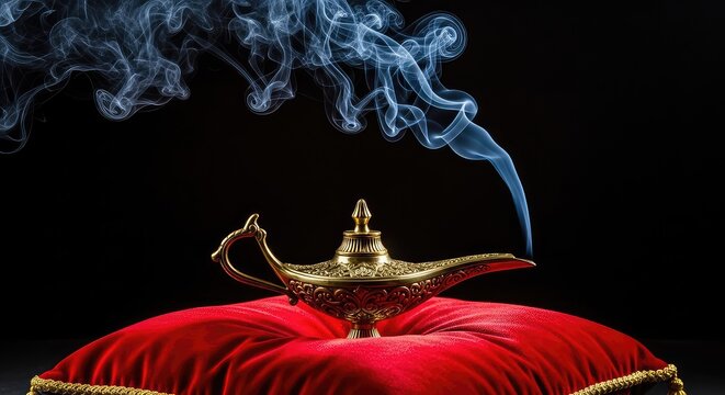 An ancient golden oil lamp rests on a plush red velvet pillow while mysterious blue smoke swirls elegantly from its spout into the dark room, cushion, exotic, red
