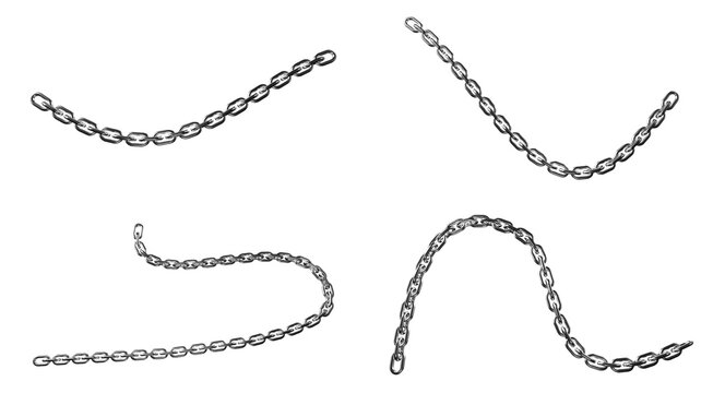 Set of four different silver metal chains hanging in wavy lines isolated for industrial design projects and jewelry accessory elements