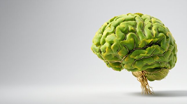 Human brain sculpted from fresh green ginkgo biloba leaves with golden veins on studio background, memory enhancement nootropics and mental clarity herbal medicine concept with banner copy space