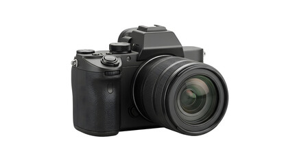 Fototapeta premium Modern Professional Mirrorless Digital Camera With Large Lens Isolated On A Transparent Background For Graphic Design Projects