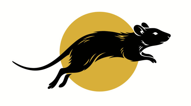 Black leaping rat silhouette against a golden lunar moon circle, representing Chinese zodiac and lunar new year themes, isolated vector illustration.