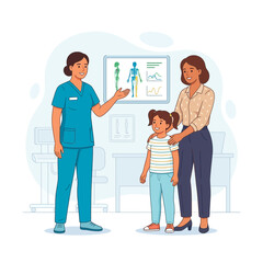 Fototapeta premium Doctor Consults Mother and Child About Health or Medical Condition in Clinic