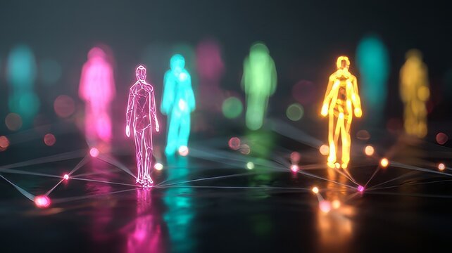 Glowing digital human silhouettes in a global network, neon holographic people connected by data lines, futuristic social community concept