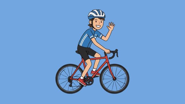A happy cartoon cyclist wearing protective gear riding a red road bike and waving his hand isolated on a light blue background. Suitable for cycling club banners, sports app marketing, healthy lifesty
