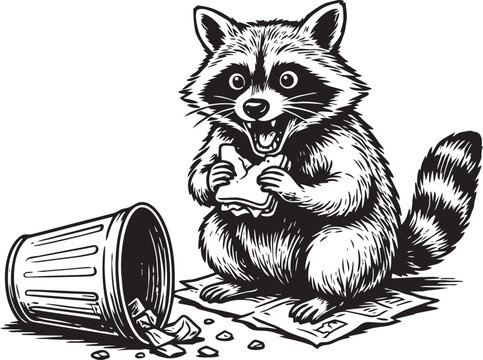 Hungry cartoon raccoon eating sandwich beside overturned trash can for wildlife and nature illustration projects.