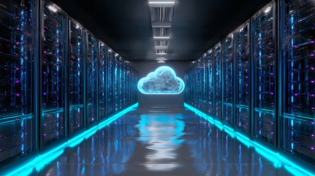 Glowing cloud computing symbol in dark data center server aisle