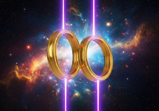 Huge golden rings float in deep space emitting glowing purple energy beams through a vibrant nebula of stars and cosmic dust particles, futuristic, array, technology