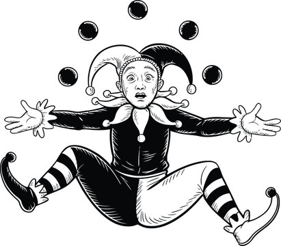Jester juggling three balls cartoon vector illustration with harlequin costume ready for entertainment projects.