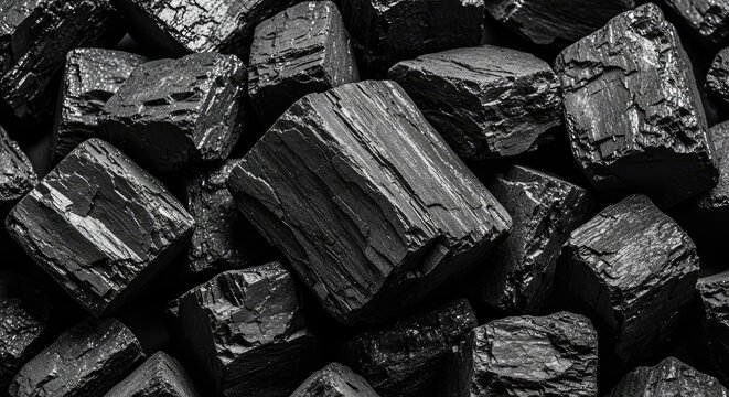 Natural black coal lumps with sharp edges and dark matte textures create a dense, organic background for industrial and energy-themed designs, carbon, fragmented, hard