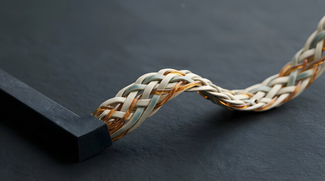 A braided cable made of white, grey, and copper strands emerging from a dark matte square block resting on a textured dark grey slate surface