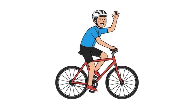 A 2D animated male cyclist in a blue jersey and helmet riding a red bicycle while waving hello, isolated on a clean white background. Designed for cycling safety videos, bike sharing app marketing, ou