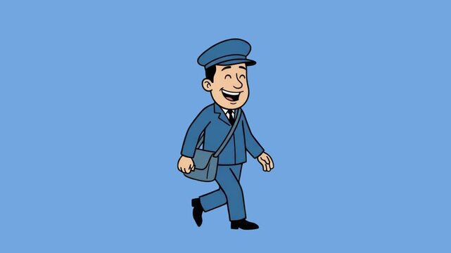 A happy 2D cartoon postman in a blue uniform and cap carrying a shoulder bag while walking cheerfully, presented against a solid blue studio background. Perfect for postal service advertising, mail de
