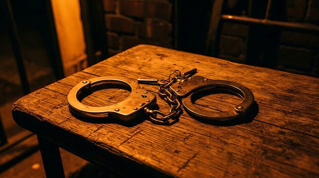 Old rusted handcuffs on wooden table surface.