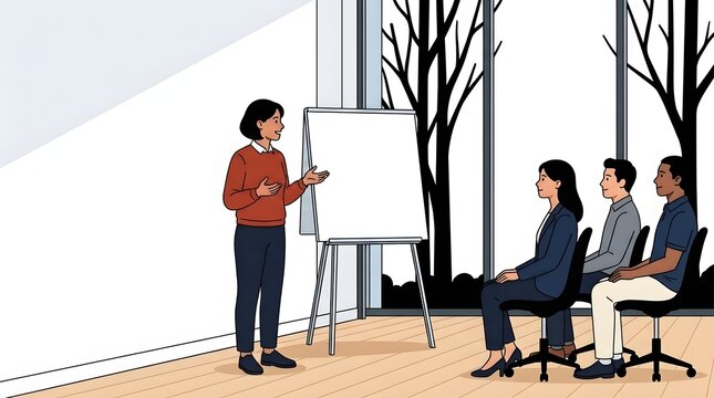 Businesswoman giving presentation with blank whiteboard easel to coworkers in modern office artwork